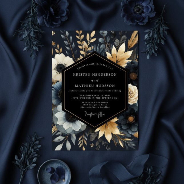 Invitation Mariage Fleurie Botanique Navy (Créateur téléchargé)