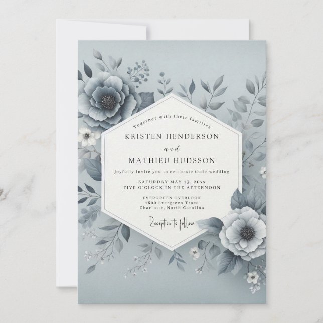 Invitation Mariage Fleurie Brouillard Bleu Ardoise (Devant)