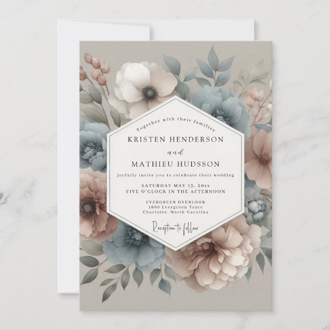 Invitation Mariage Fleurie Brouillard Teinté de Bleu Ardoise (Devant)