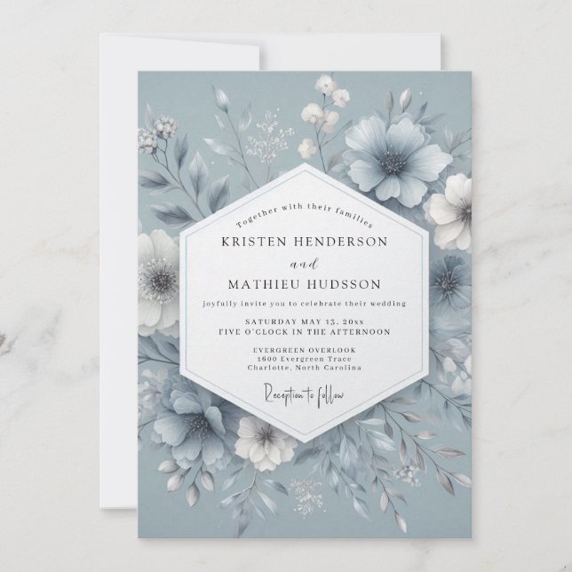 Invitation Mariage Fleurie Brumeuse Bleu Ardoise (Devant)