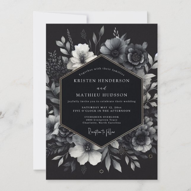 Invitation Mariage Fleurie Charbon Ombre (Devant)