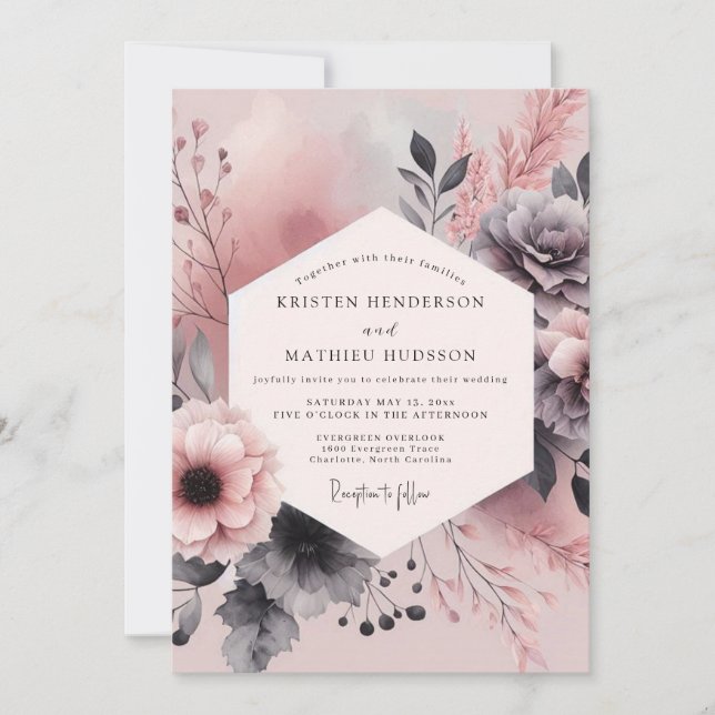 Invitation Mariage Fleurie Charbon Rose Poussiéreuse (Devant)