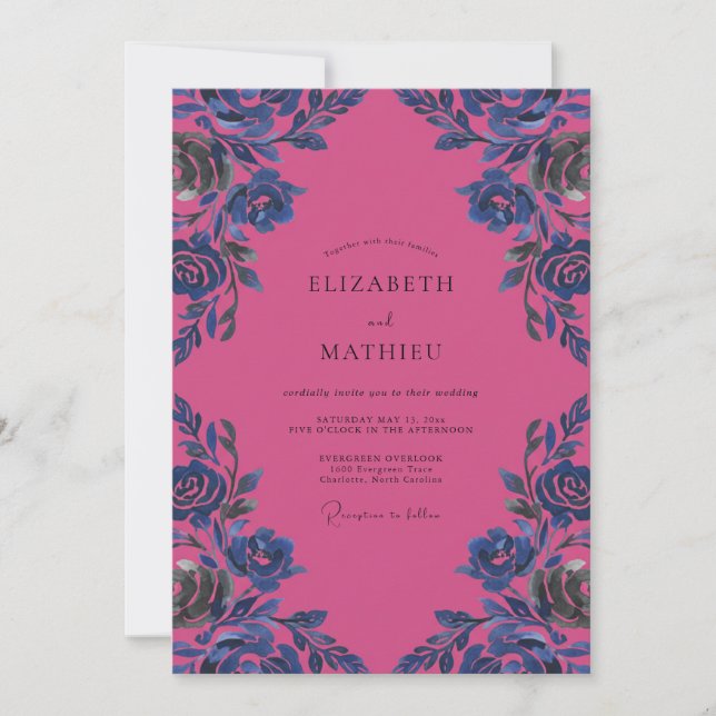 Invitation Mariage Fleurie Cobalt Magenta (Devant)