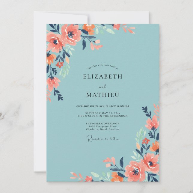Invitation Mariage Fleurie Corail Aqua Assourdi (Devant)