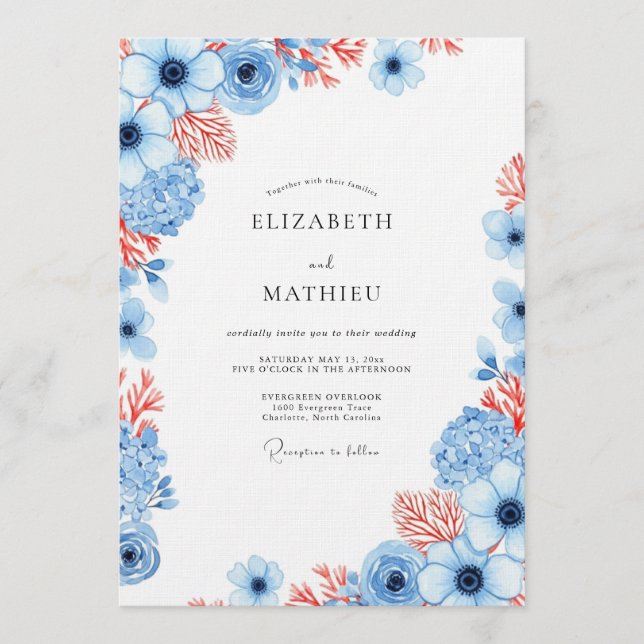 Invitation Mariage Fleurie Corail Bleu Poussiéreux (Devant)