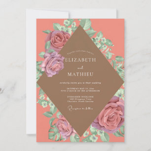 Invitation Mariage Fleurie Corail Doux et Prune