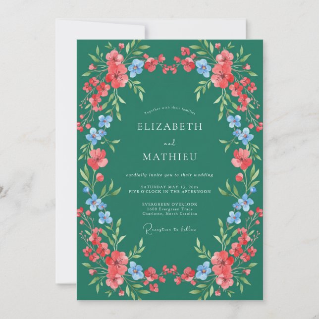 Invitation Mariage Fleurie Corail Émeraude (Devant)