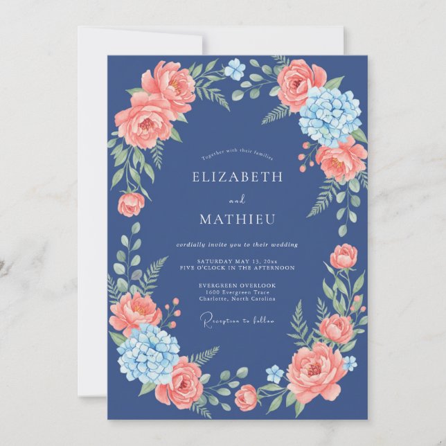 Invitation Mariage Fleurie Corail Navy (Devant)