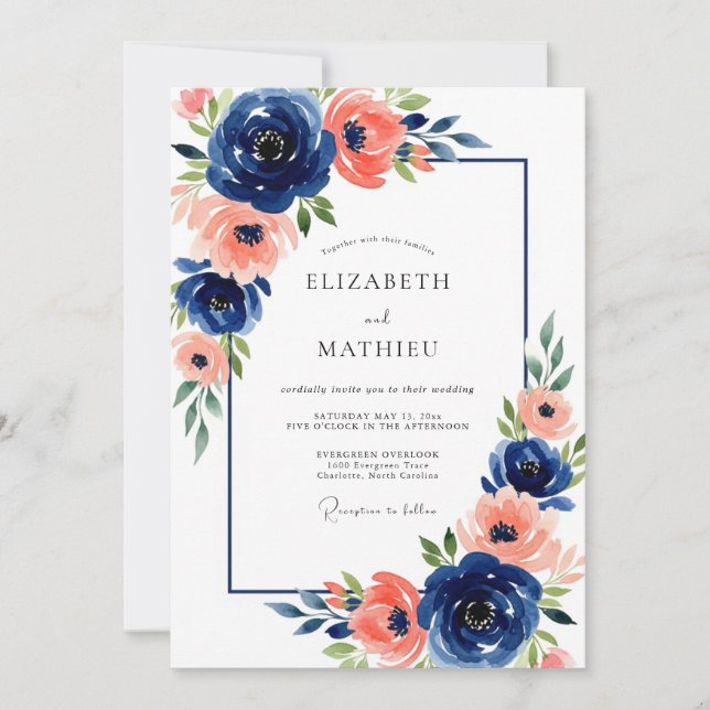 Invitation Mariage Fleurie Corail Navy (Devant)
