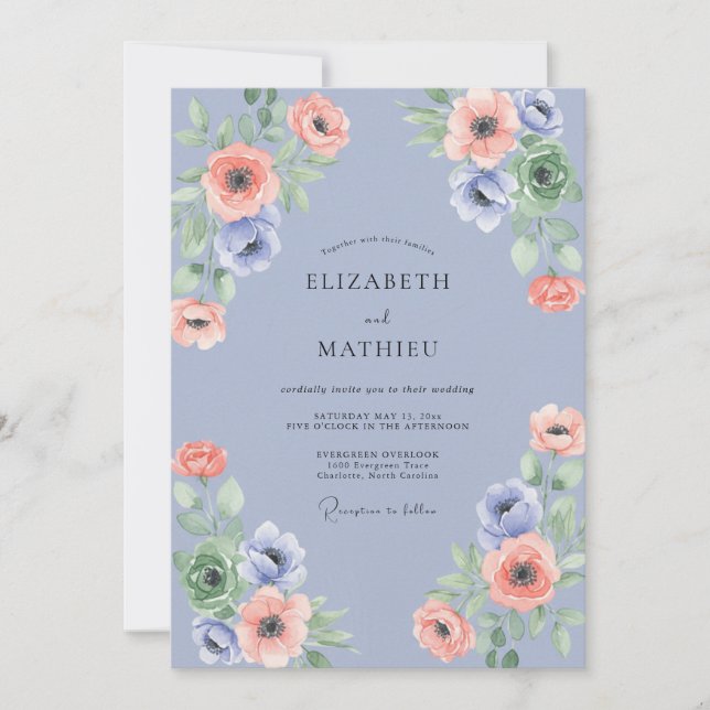 Invitation Mariage Fleurie Corail Pervenche (Devant)