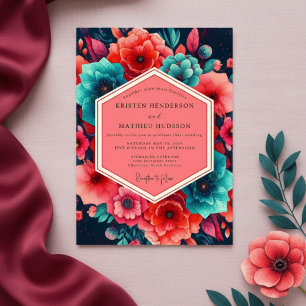 Invitation Mariage Fleurie Corail Sarcelle