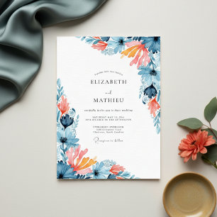 Invitation Mariage Fleurie Corail Sarcelle Peinte
