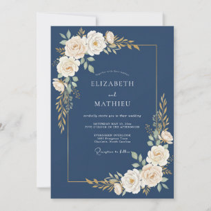 Invitation Mariage Fleurie Crème de la Marine