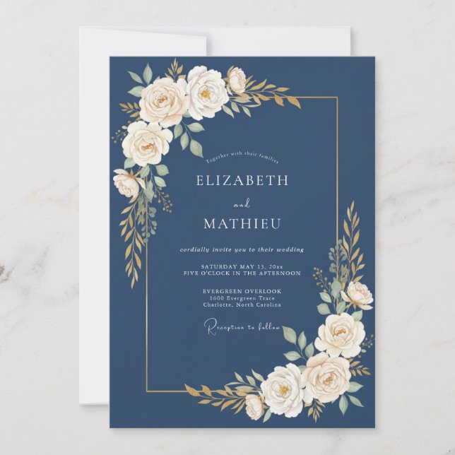 Invitation Mariage Fleurie Crème de la Marine (Devant)