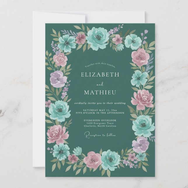 Invitation Mariage Fleurie Cyan Foncé (Devant)