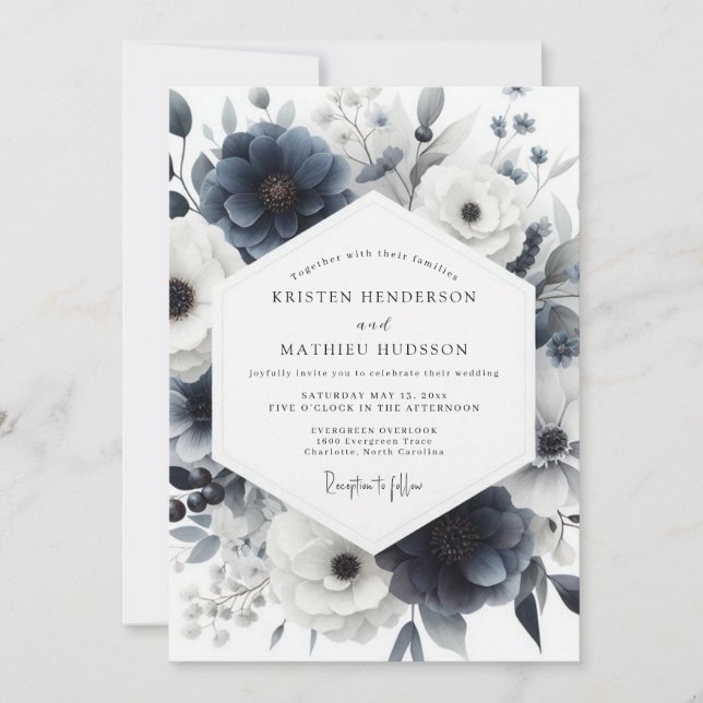 Invitation Mariage Fleurie d'Anémone Bleu Ardoise (Devant)