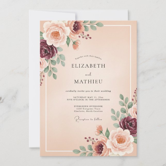 Invitation Mariage Fleurie d'Arche de Fleurs de Pêcher (Devant)