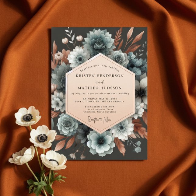 Invitation Mariage Fleurie d'Automne Bleu Ardoise (Créateur téléchargé)
