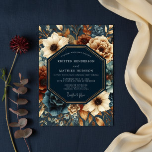 Invitation Mariage Fleurie d'Automne en Bleu Marine Profond