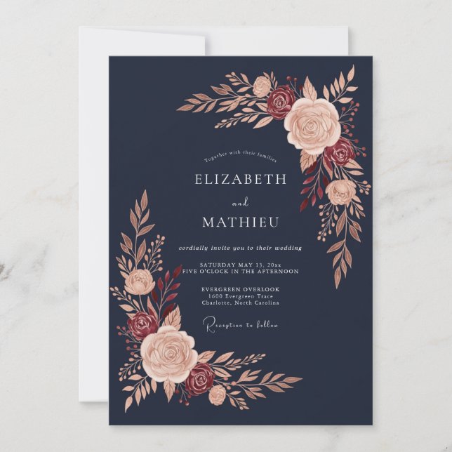 Invitation Mariage Fleurie d'Automne Rose Navy (Devant)