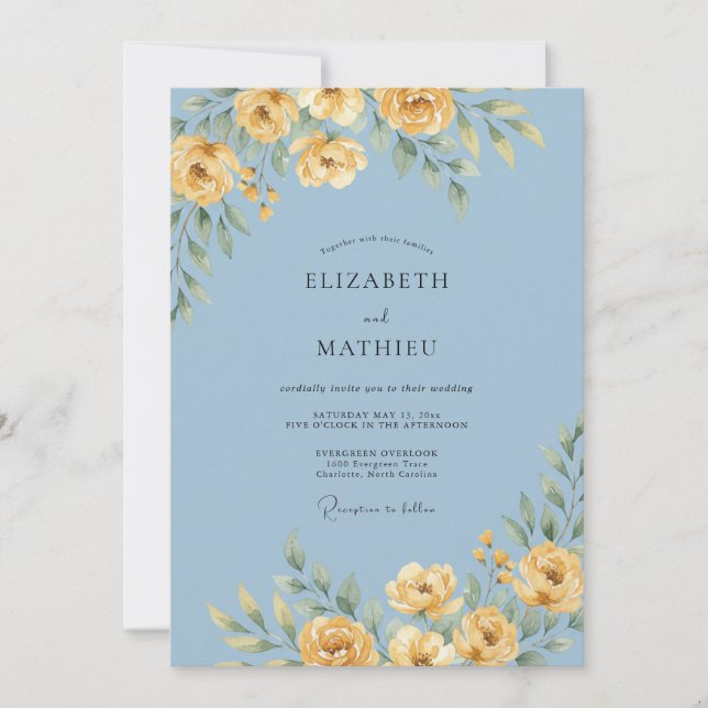 Invitation Mariage Fleurie de Bleu Poudre (Devant)