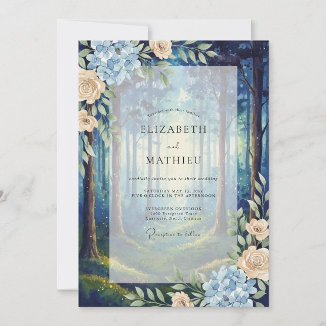 Invitation Mariage Fleurie de Bois Profond Bleu (Devant)