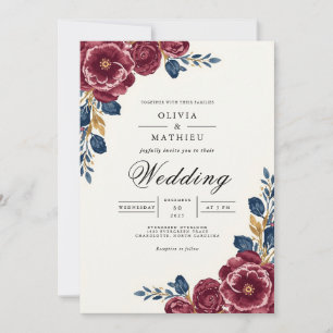 Invitation Mariage Fleurie de Bordure en Prune Profond