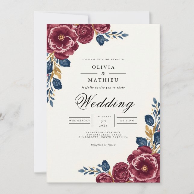 Invitation Mariage Fleurie de Bordure en Prune Profond (Devant)