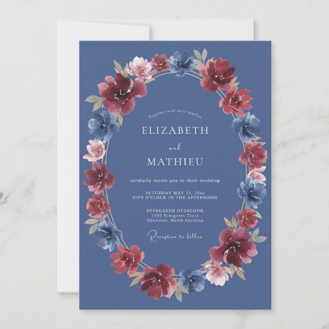 Invitation Mariage Fleurie de Bourgogne Bleu Bloom (Devant)