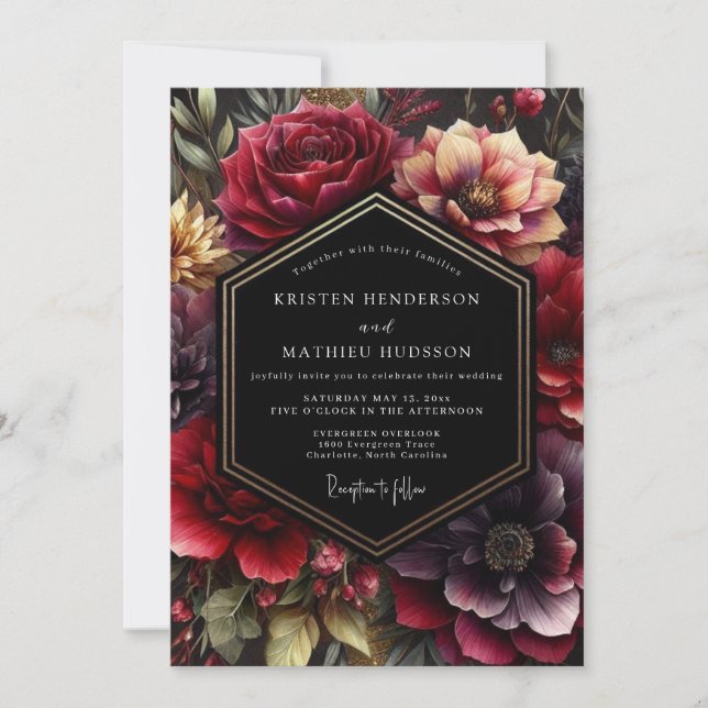 Invitation Mariage Fleurie de Bourgogne Sombre (Devant)