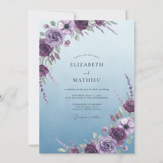 Invitation Mariage Fleurie de Ciel Violet (Devant)