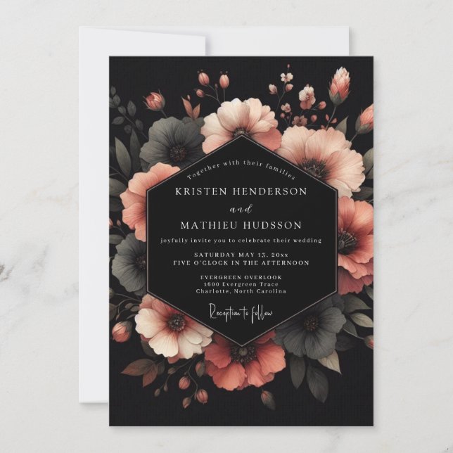 Invitation Mariage Fleurie de Corail Charbon (Devant)