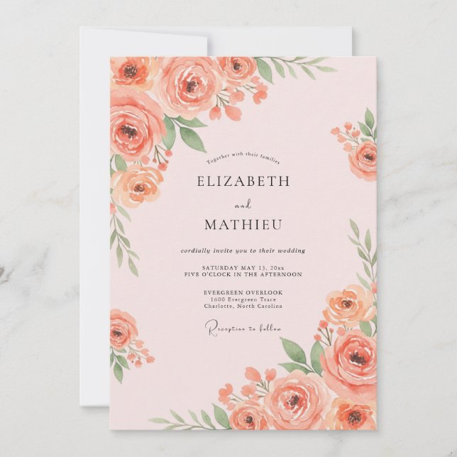 Invitation Mariage Fleurie de Corail en Éclat de Peinture (Devant)