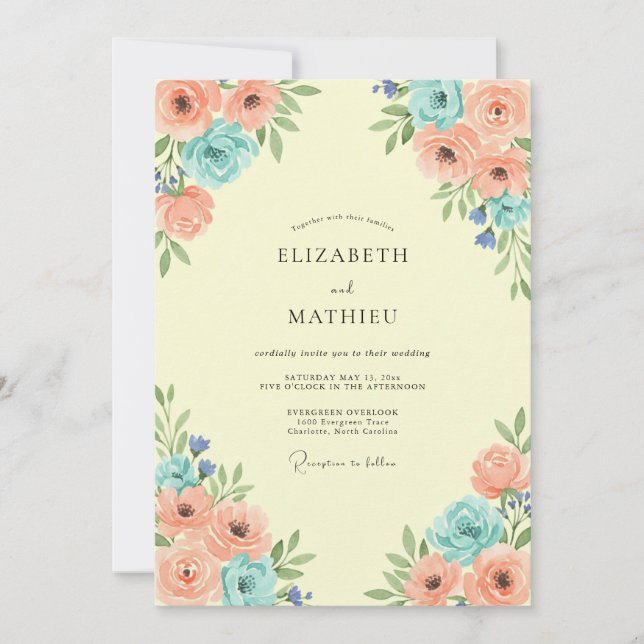 Invitation Mariage Fleurie de Corail Pêche (Devant)