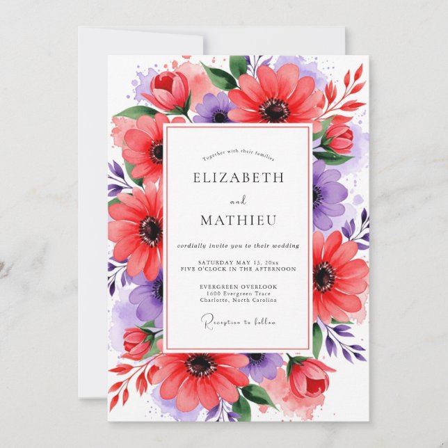 Invitation Mariage Fleurie de Corail Pourpre (Devant)