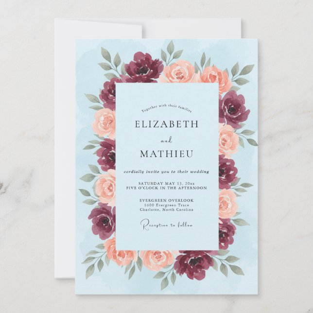 Invitation Mariage Fleurie de Corail Rouge (Devant)