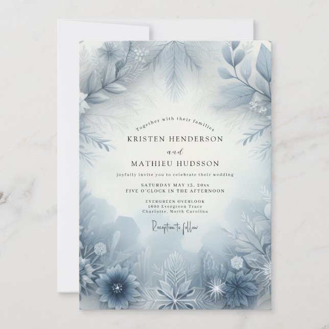 Invitation Mariage Fleurie de Givre Bleu Ardoise (Devant)