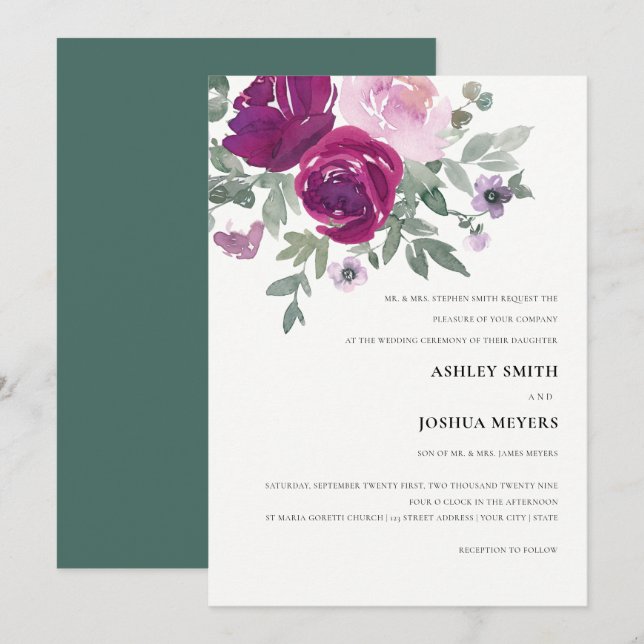 Invitation Mariage Fleurie de Pearl Blanc à l'Aquarelle Rose  (Devant / Derrière)
