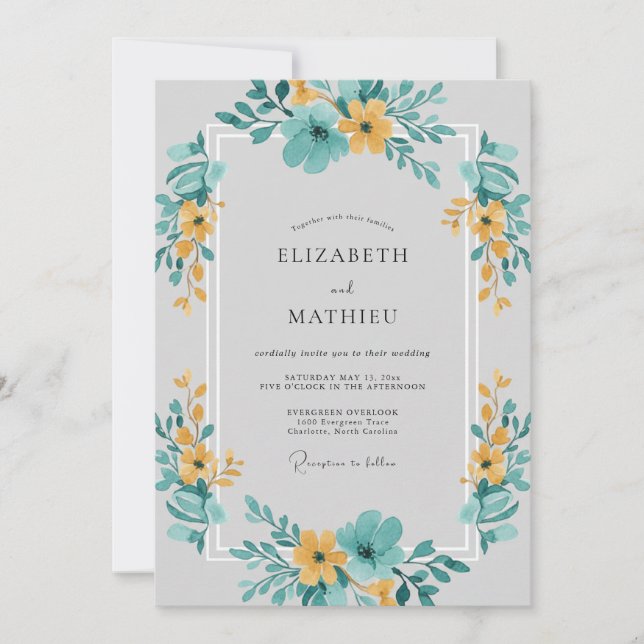 Invitation Mariage Fleurie de Prairie Jaune et Sarcelle (Devant)