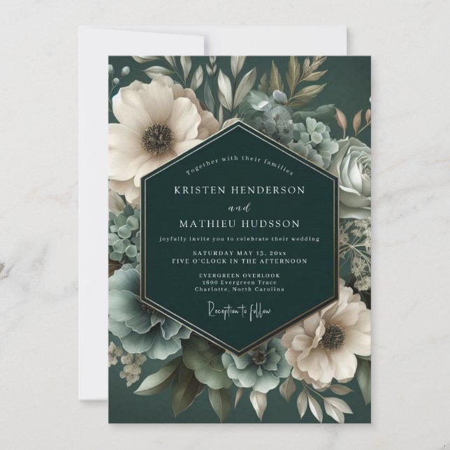 Invitation Mariage Fleurie de Profonde Émeraude (Devant)