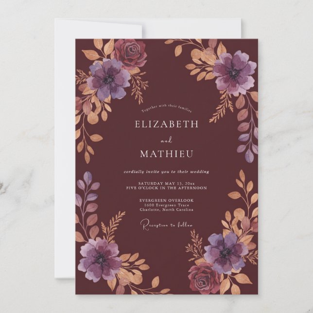 Invitation Mariage Fleurie de Prunier à l'Encre Ambrée (Devant)