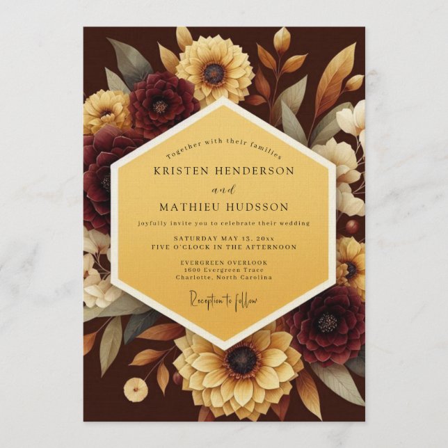 Invitation Mariage Fleurie de Récolte de Bourgogne (Devant)