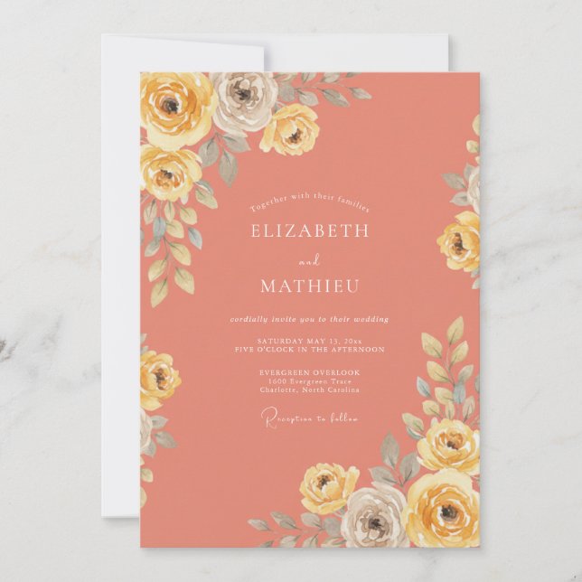 Invitation Mariage Fleurie de Rose Corail (Devant)