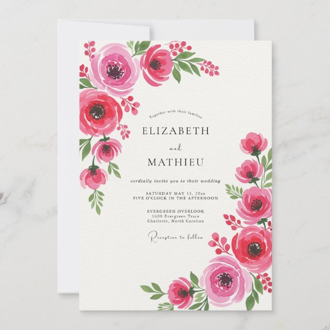 Invitation Mariage Fleurie de Rouge Épanoui (Devant)