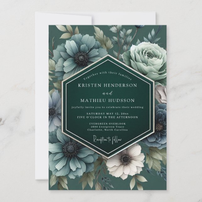 Invitation Mariage Fleurie de Soirée Émeraude (Devant)