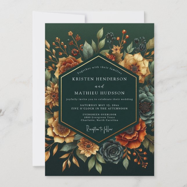 Invitation Mariage Fleurie de Teinte Emeraude (Devant)