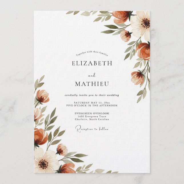 Invitation Mariage Fleurie de Teinte Orange Brûlée (Devant)