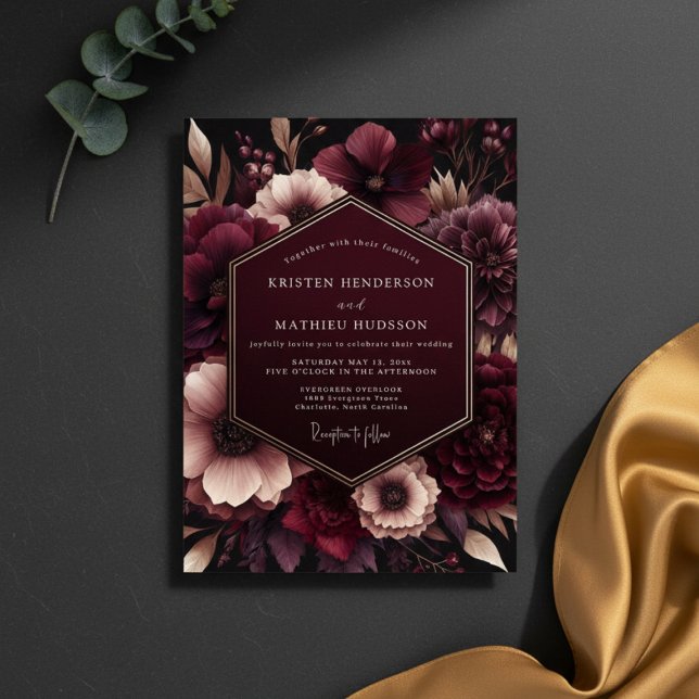 Invitation Mariage Fleurie de Velours Bourgogne (Créateur téléchargé)