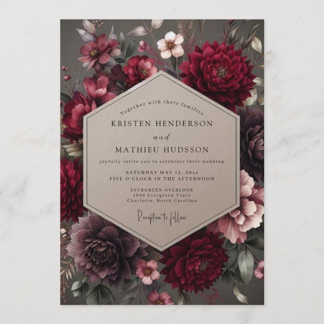 Invitation Mariage Fleurie de Velours Grenat (Devant)
