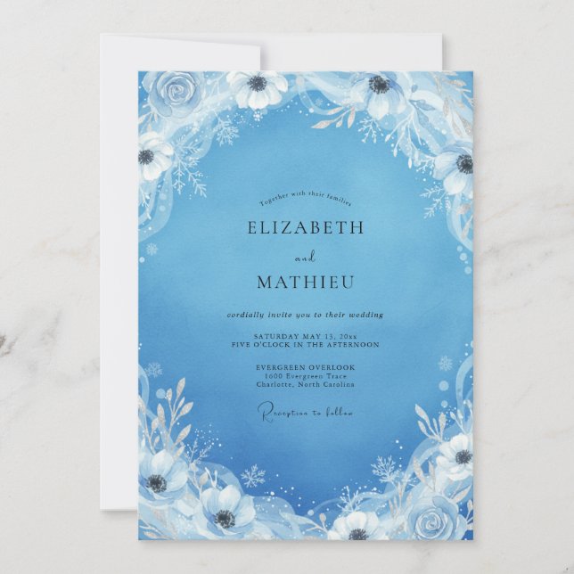 Invitation Mariage Fleurie d'Hiver Bleu Ciel (Devant)